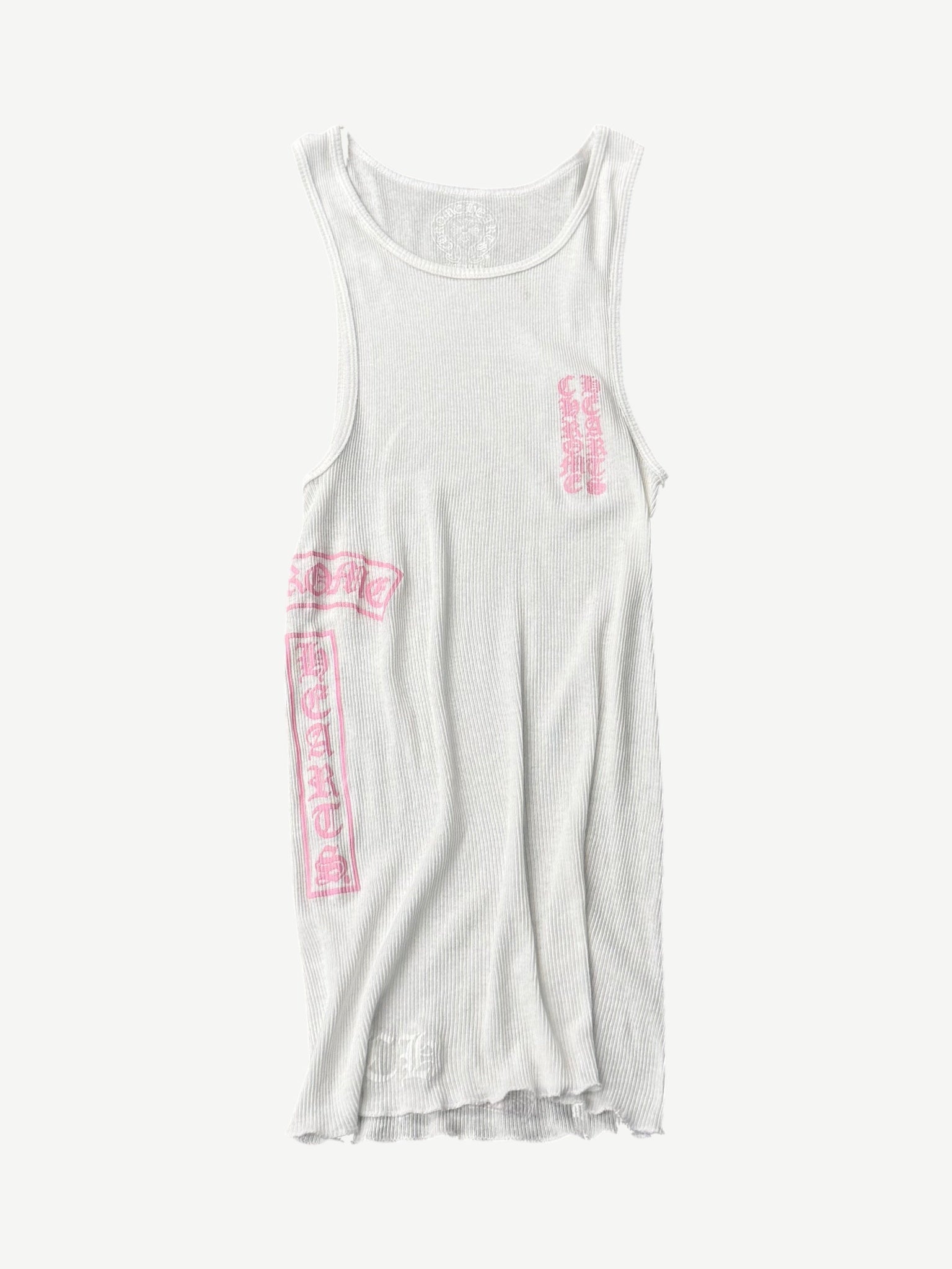 Chrome Hearts white ribbed T-bar tank top with pink Gothic script logos stamped down front side