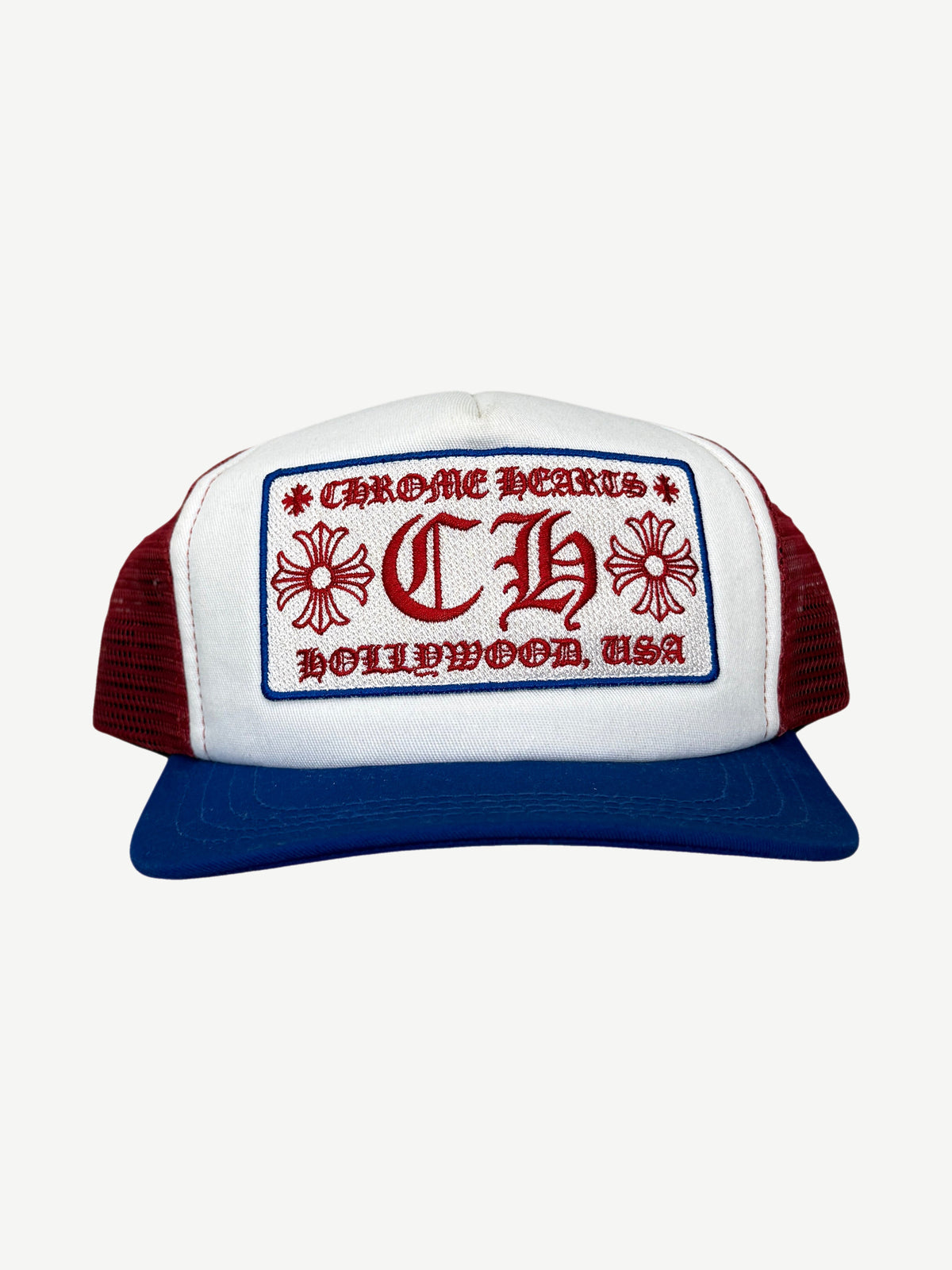 Chrome Hearts White Red Blue CH Hollywood Trucker Hat