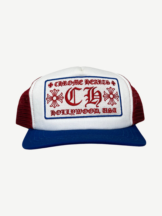 Chrome Hearts White Red Blue CH Hollywood Trucker Hat