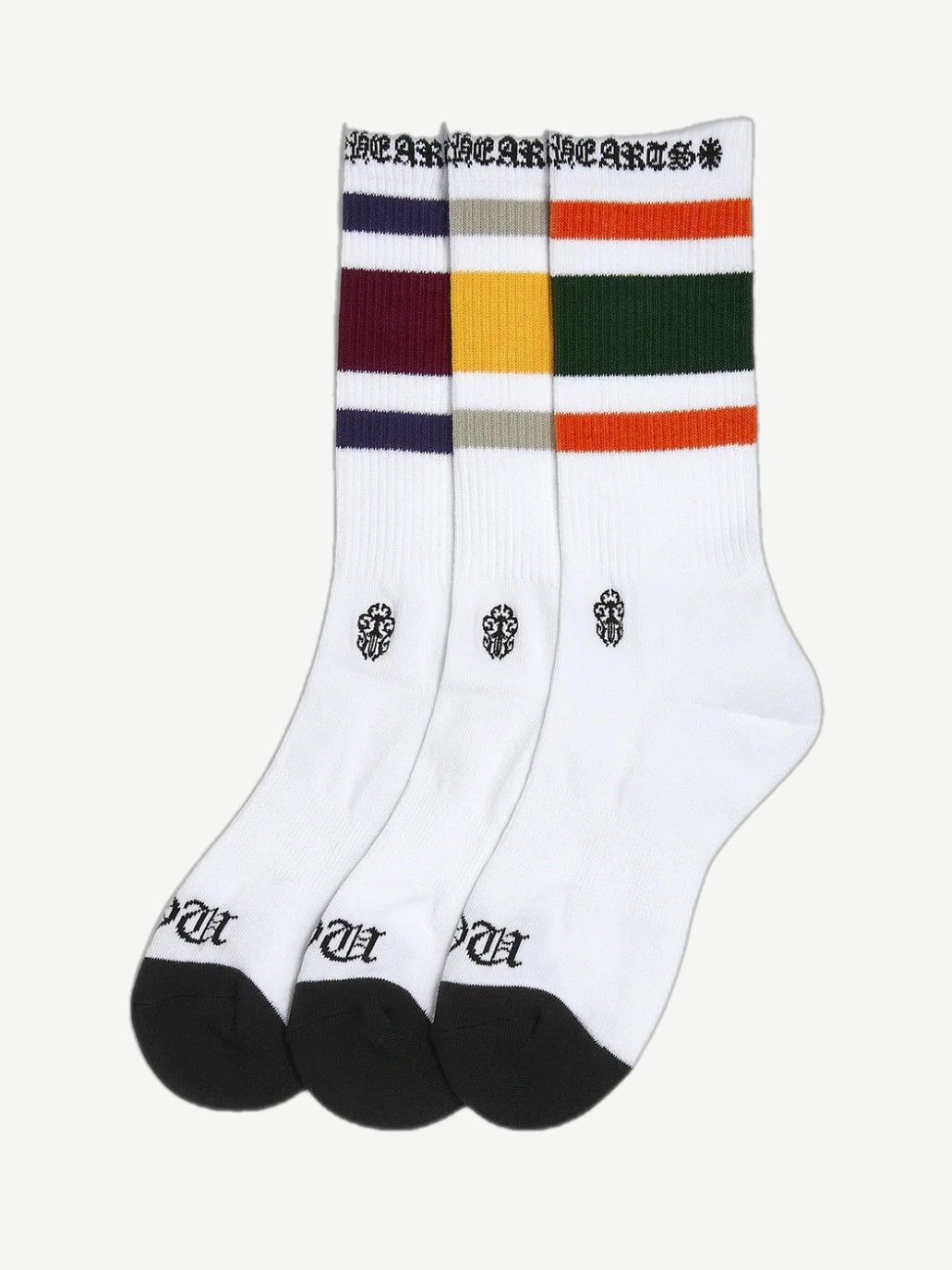 Chrome Hearts white crew socks 3-pack with navy yellow and green stripes and dagger logo embroidery