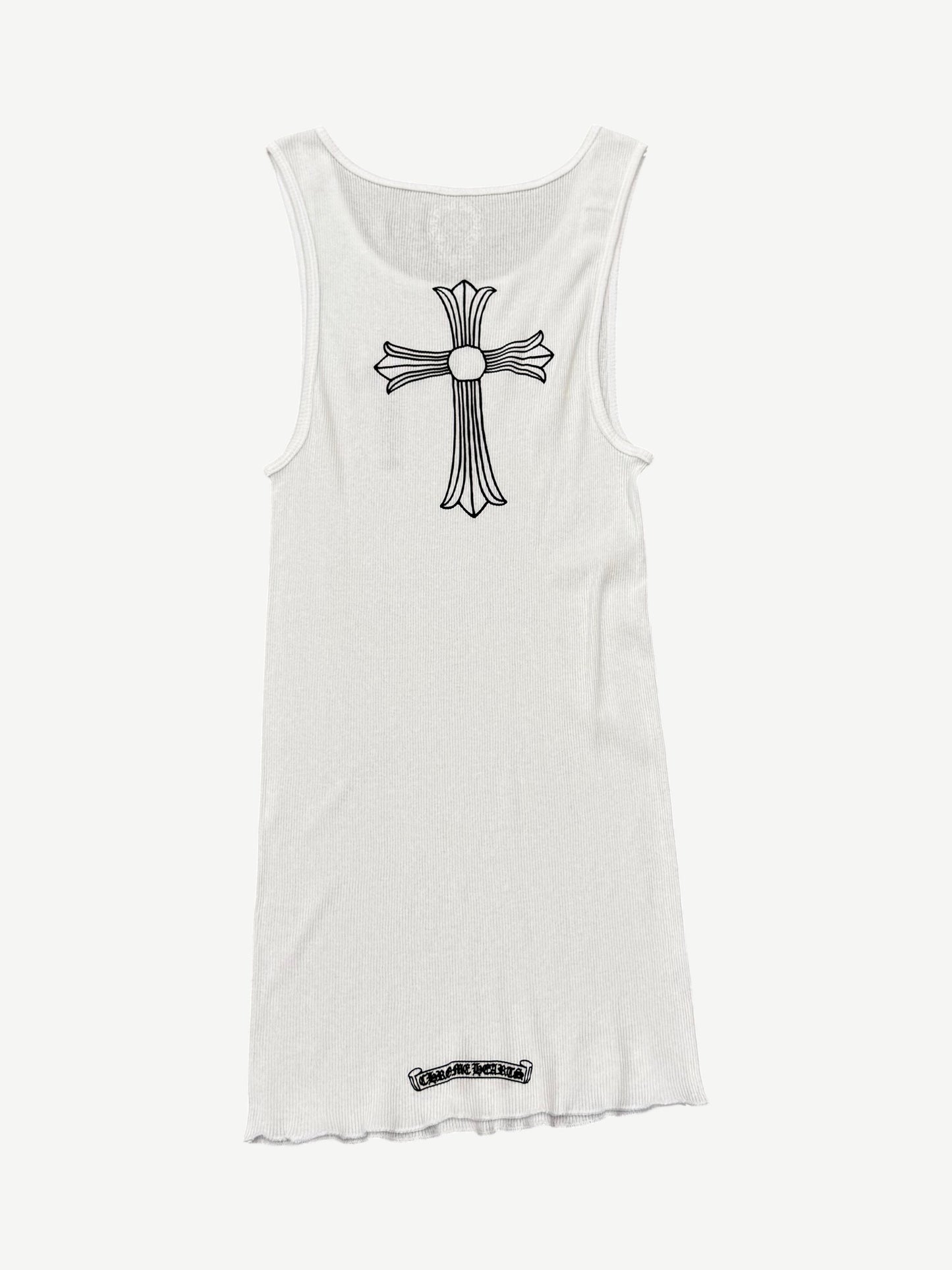 Chrome Hearts white ribbed tank back with black CH cemetery cross embroidered between shoulder blades