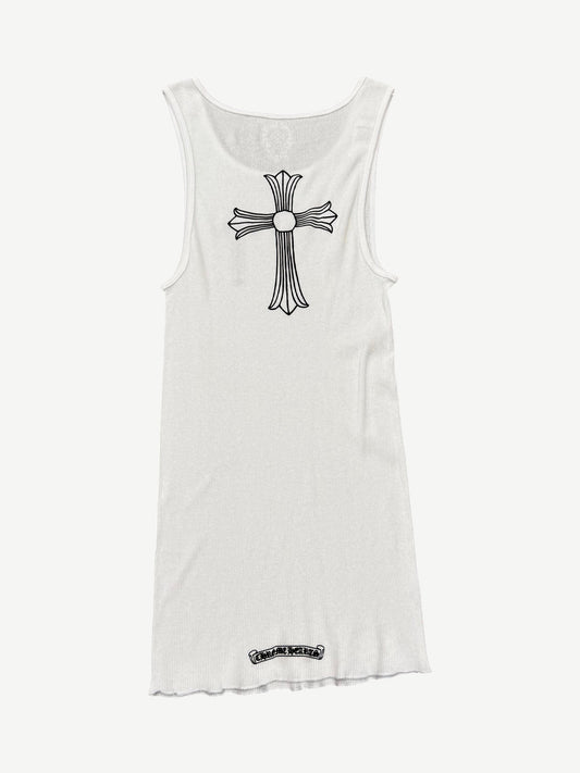 Chrome Hearts white ribbed tank back with black CH cemetery cross embroidered between shoulder blades