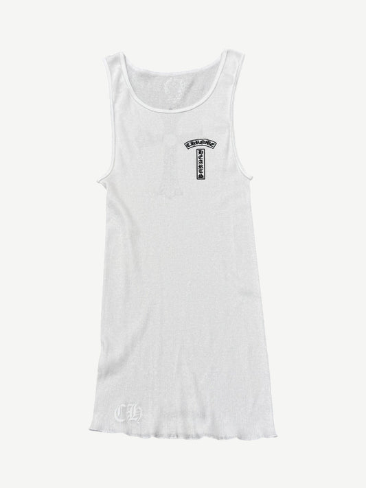 Chrome Hearts white ribbed tank front with vertical T-bar Chrome Hearts old english scroll logo