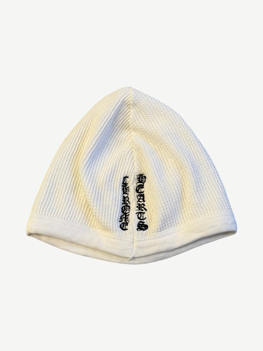 Chrome Hearts white knit cross skull cap side, gothic Chrome Hearts script embroidery on waffle knit
