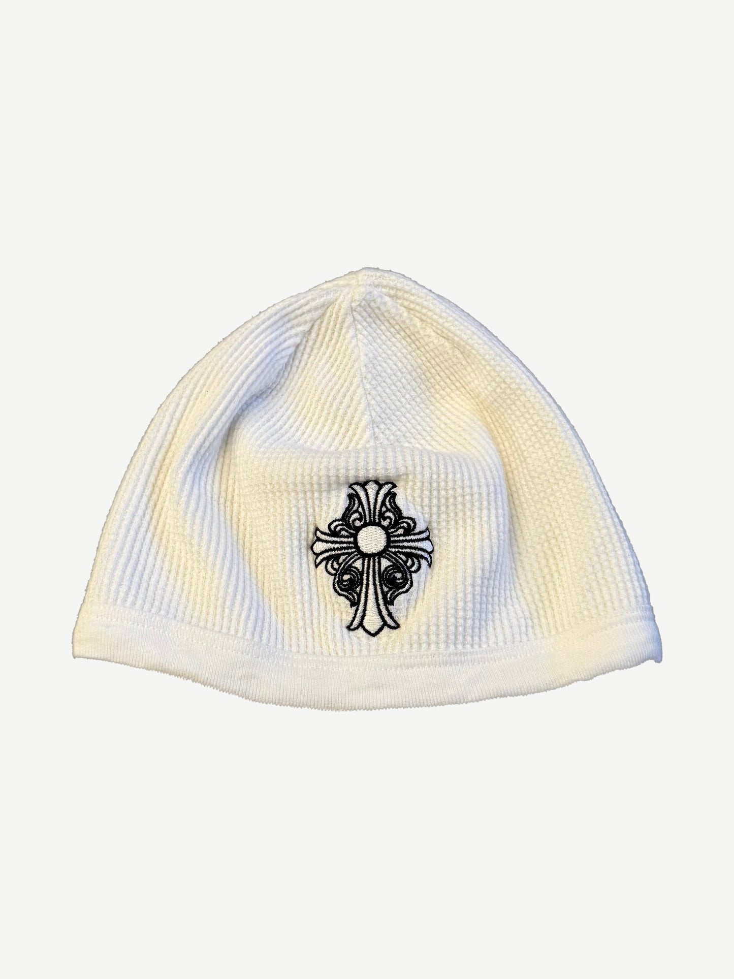 Chrome Hearts white thermal knit skull cap, waffle ribbed beanie with embroidered black cross patch