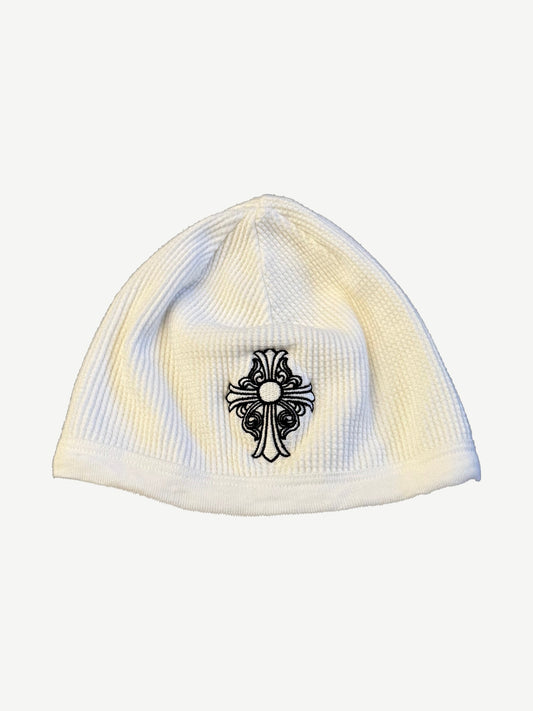 Chrome Hearts white thermal knit skull cap, waffle ribbed beanie with embroidered black cross patch