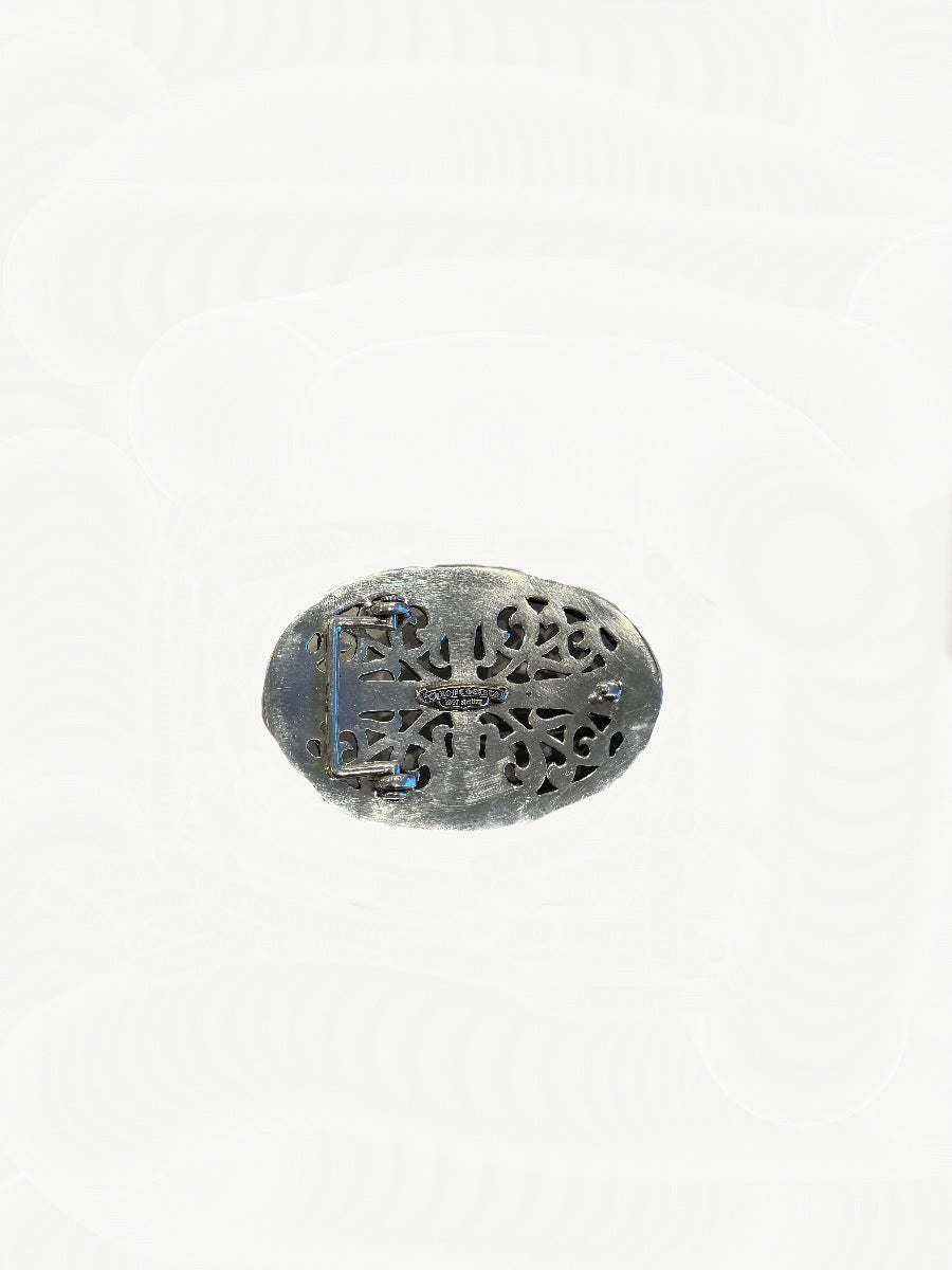 Chrome Hearts XXL oval belt buckle reverse with engraved Chrome Hearts hallmark and prong hardware