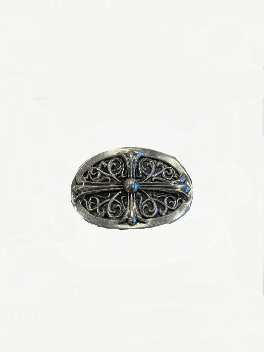 Chrome Hearts XXL oval belt buckle in burnished silver with filigree scrollwork and central cross