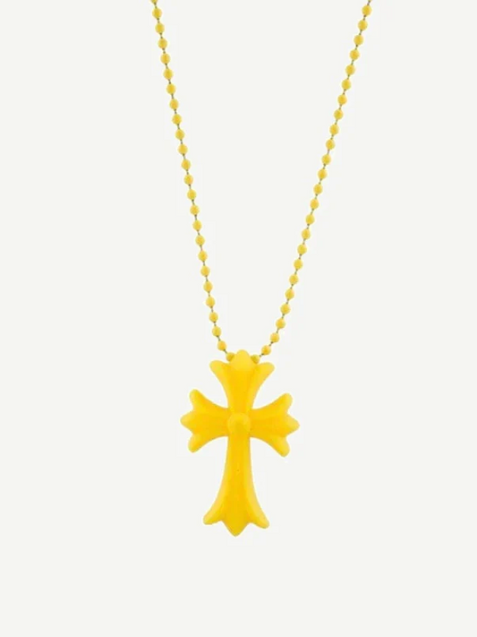 Chrome Hearts yellow silicone gothic cross pendant on matching yellow ball-bead chain necklace