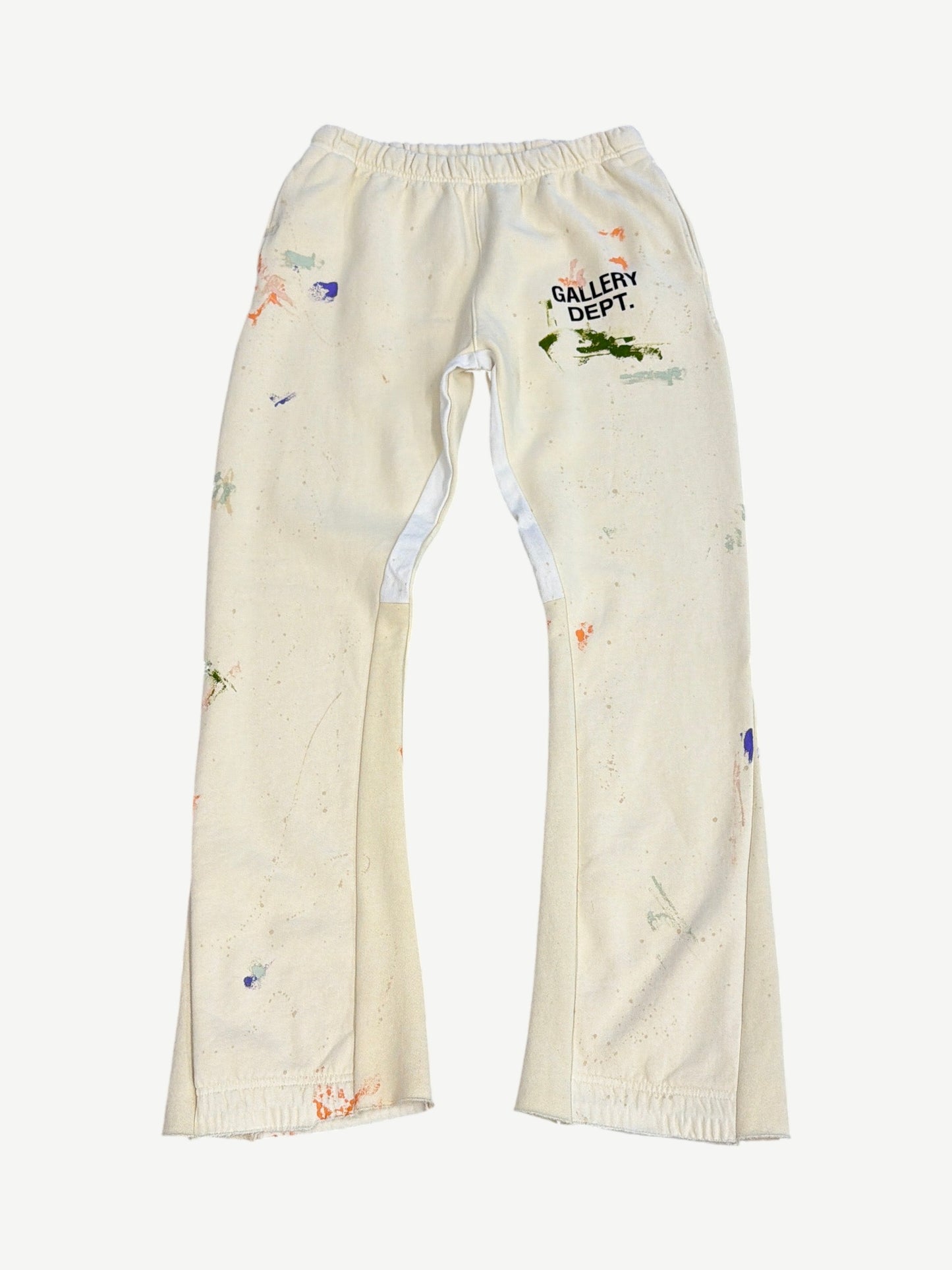 Gallery Dept cream painted flare sweatpants with multicolor paint splatters, logo and elastic waistband.