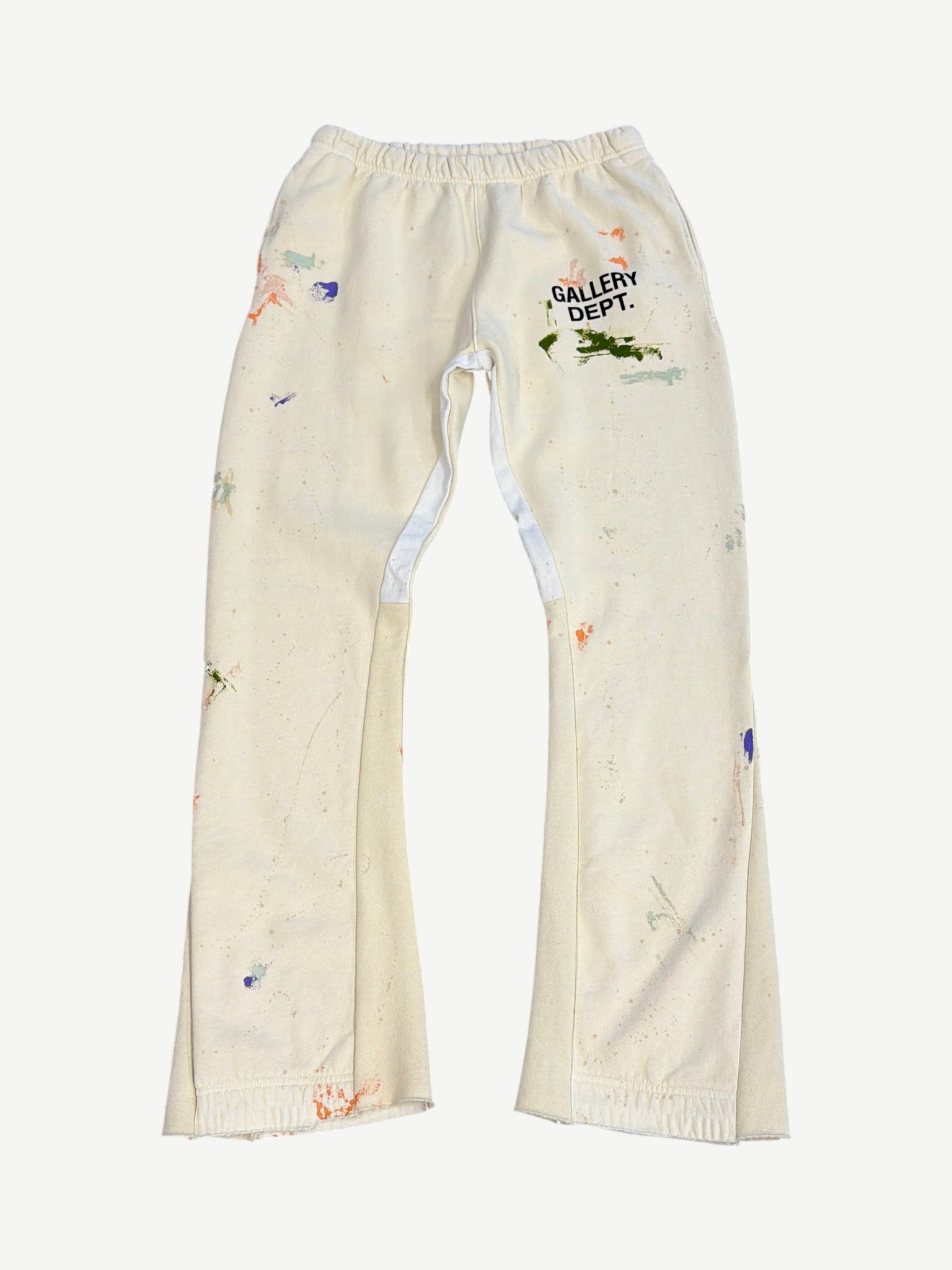 Gallery Dept cream painted flare sweatpants with multicolor paint splatters, logo and elastic waistband.