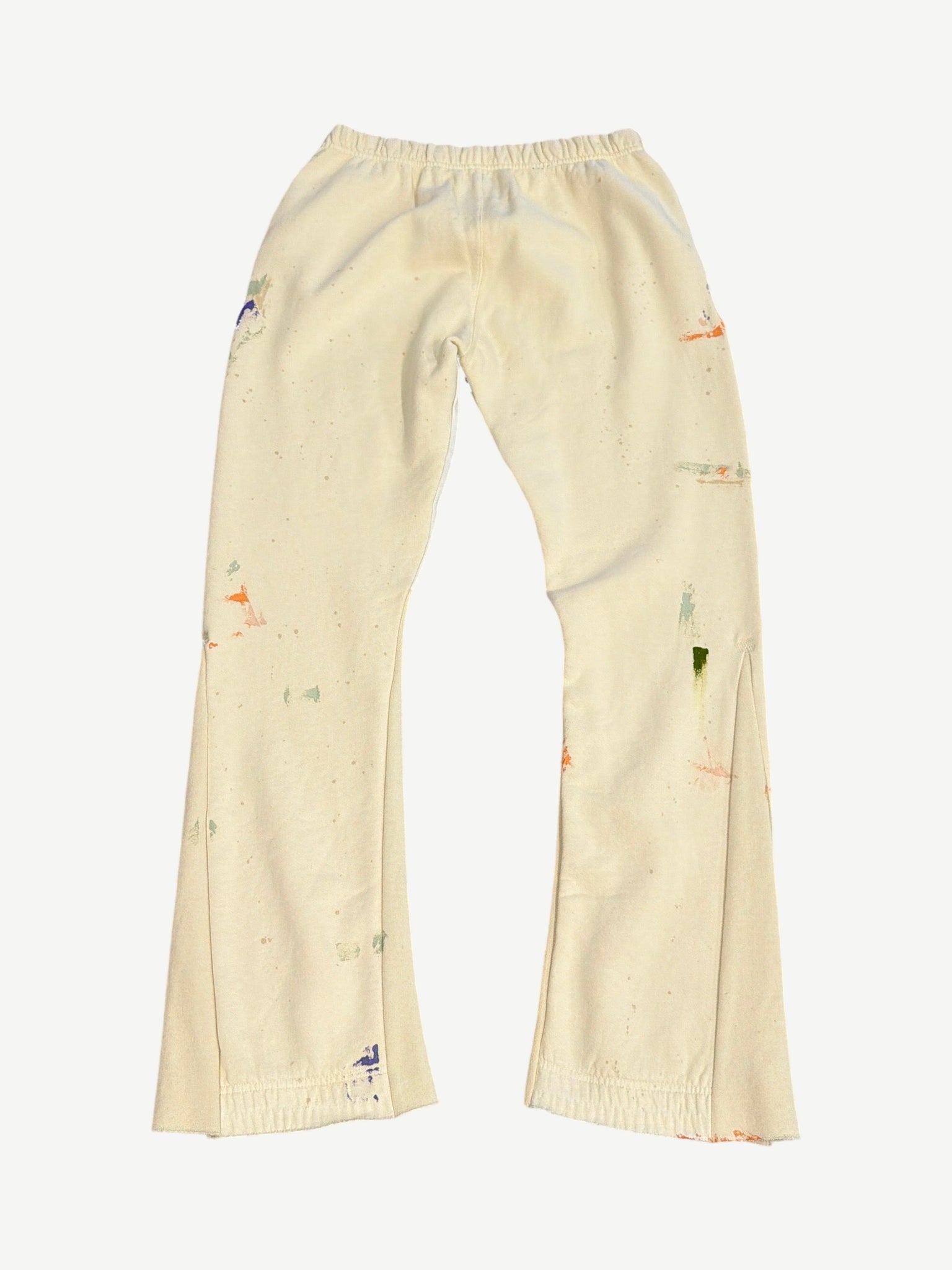Gallery Dept painted flare sweatpants back view in cream cotton with paint splatter details and flared legs.