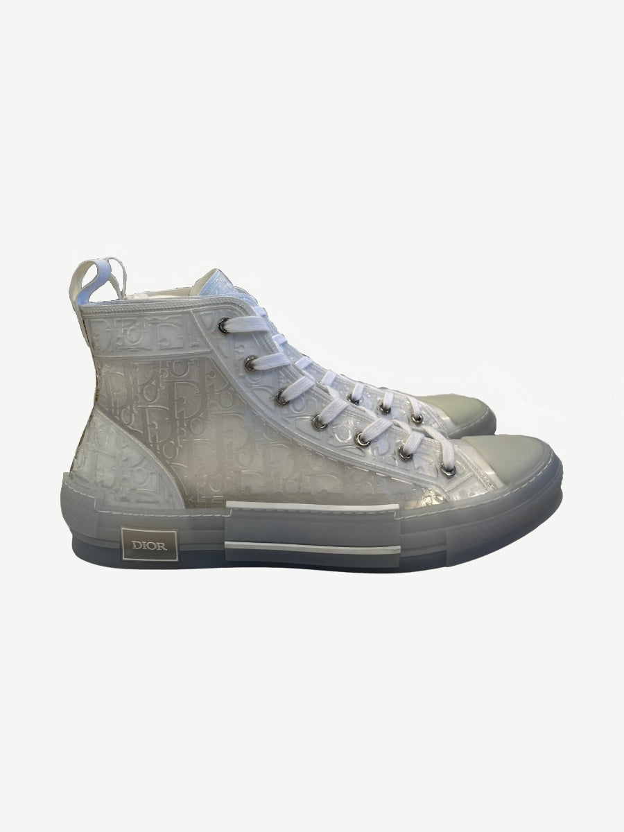 Dior B23 white high-top sneaker side profile with translucent raised Oblique monogram canvas