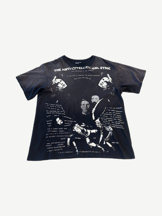 Enfants Riches Deprimes faded black Anti Intellectual Ethic tee with white text collage and skeleton graphic print