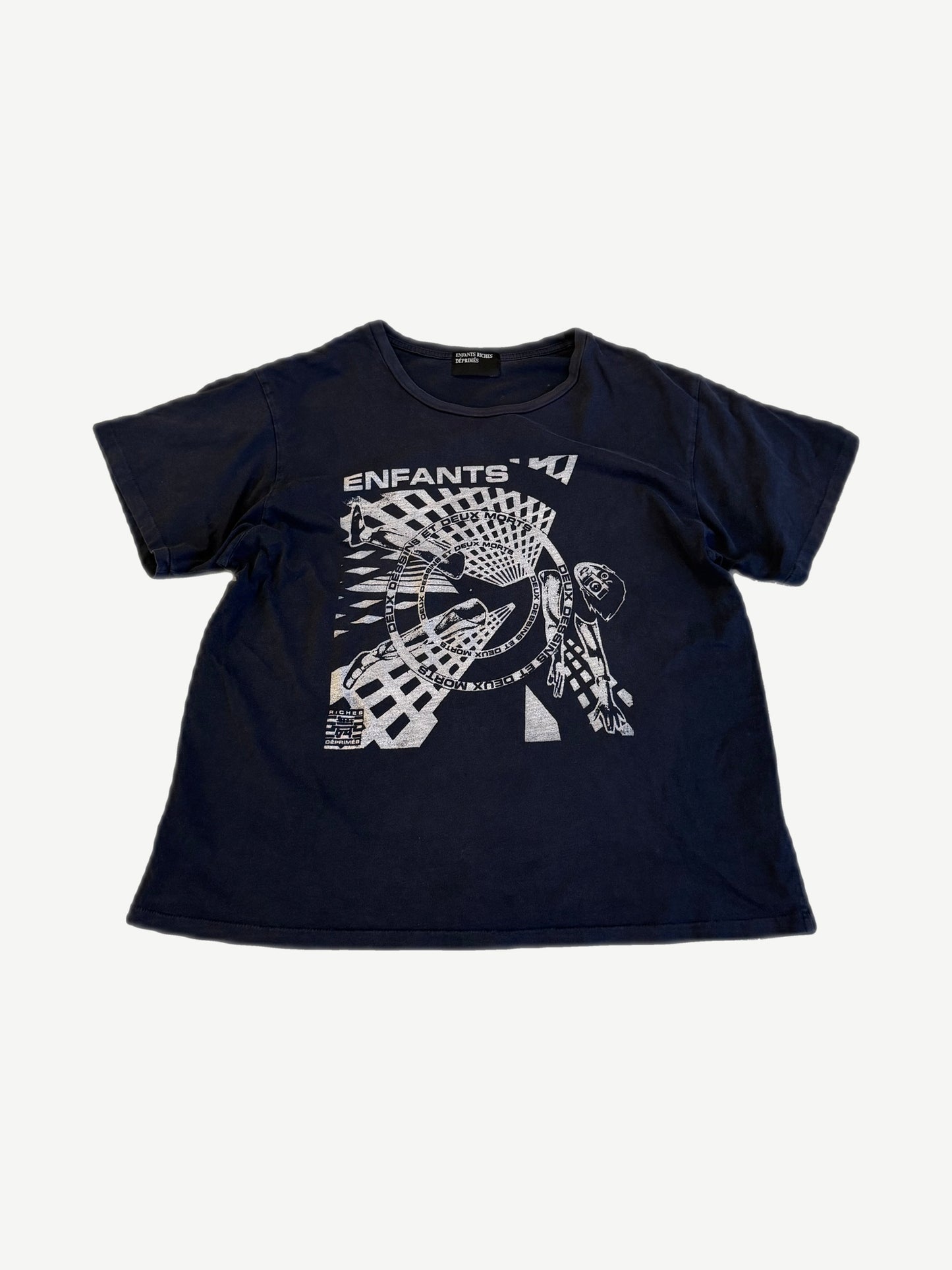 Enfants Riches Deprimes black logo Romeo tee with metallic Enfants and Deux Morts graphic print on chest.