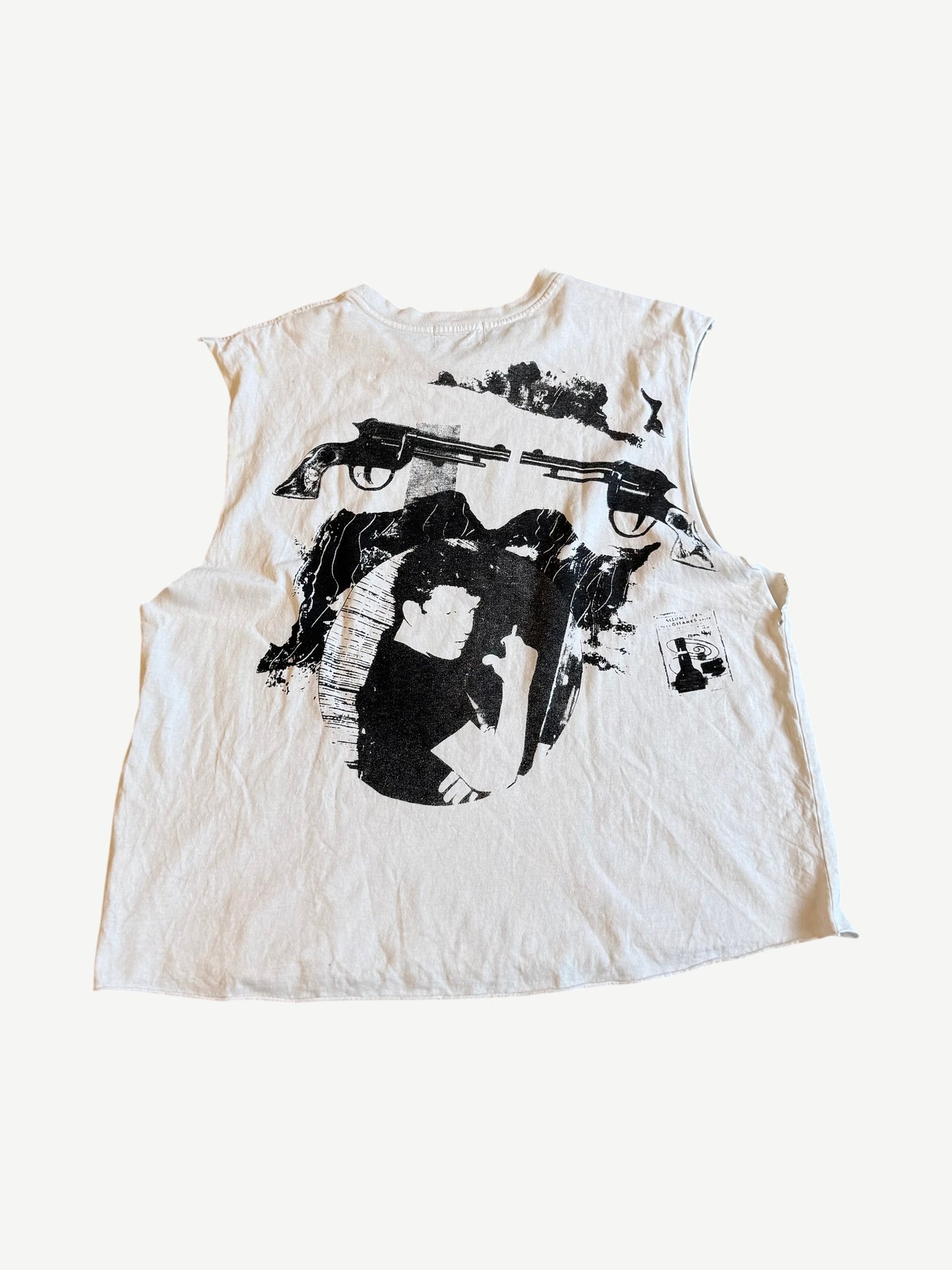 Enfants Riches Deprimes Blockades cutoff tank back with screenprinted pistols and figure graphic print.