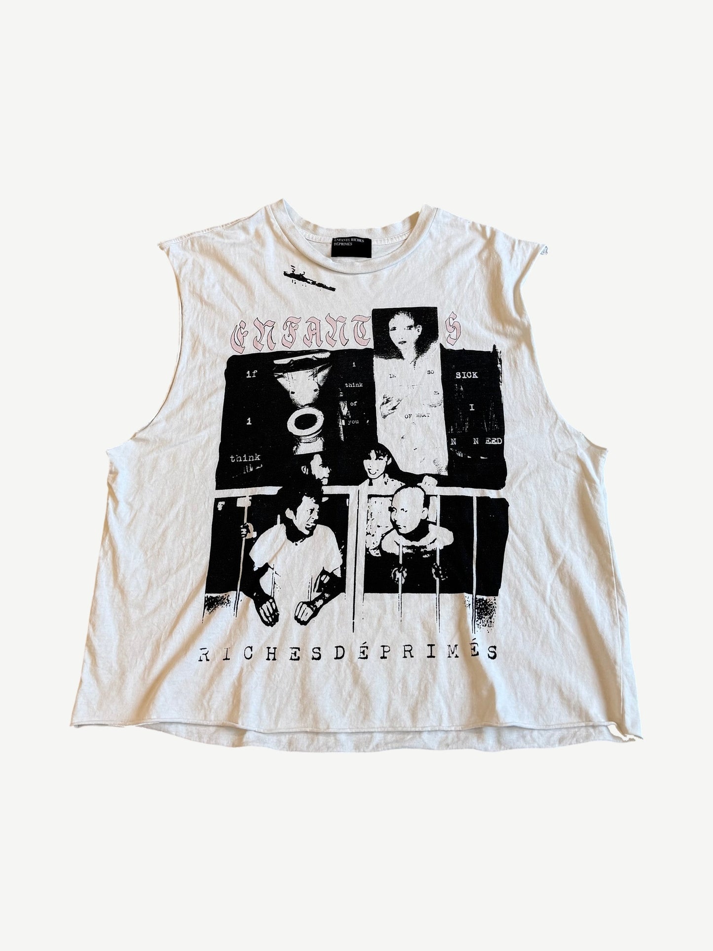 Enfants Riches Deprimes white Blockades cutoff tank front with photo collage and gothic ERD logo print.