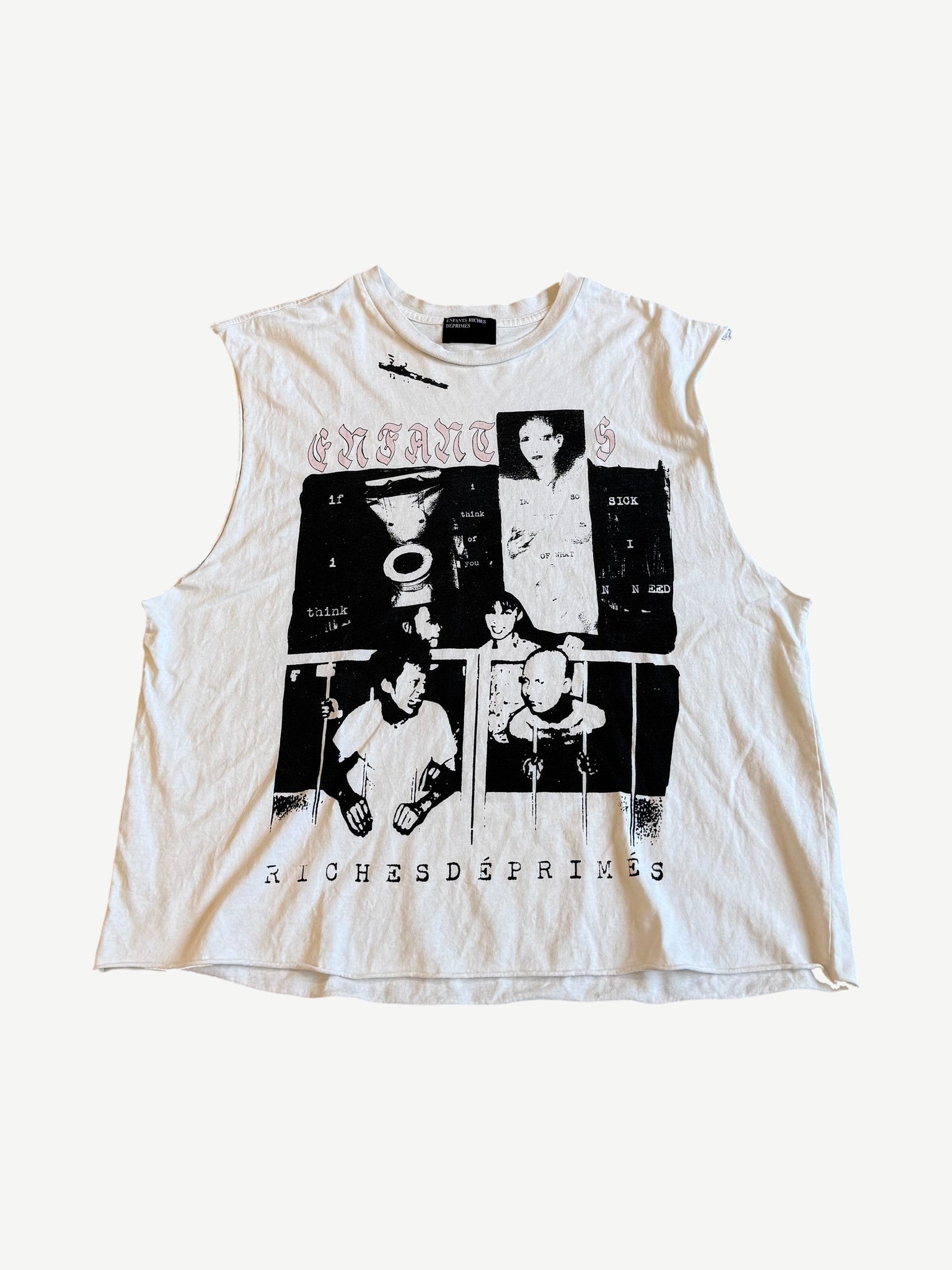 Enfants Riches Deprimes white Blockades cutoff tank front with photo collage and gothic ERD logo print.