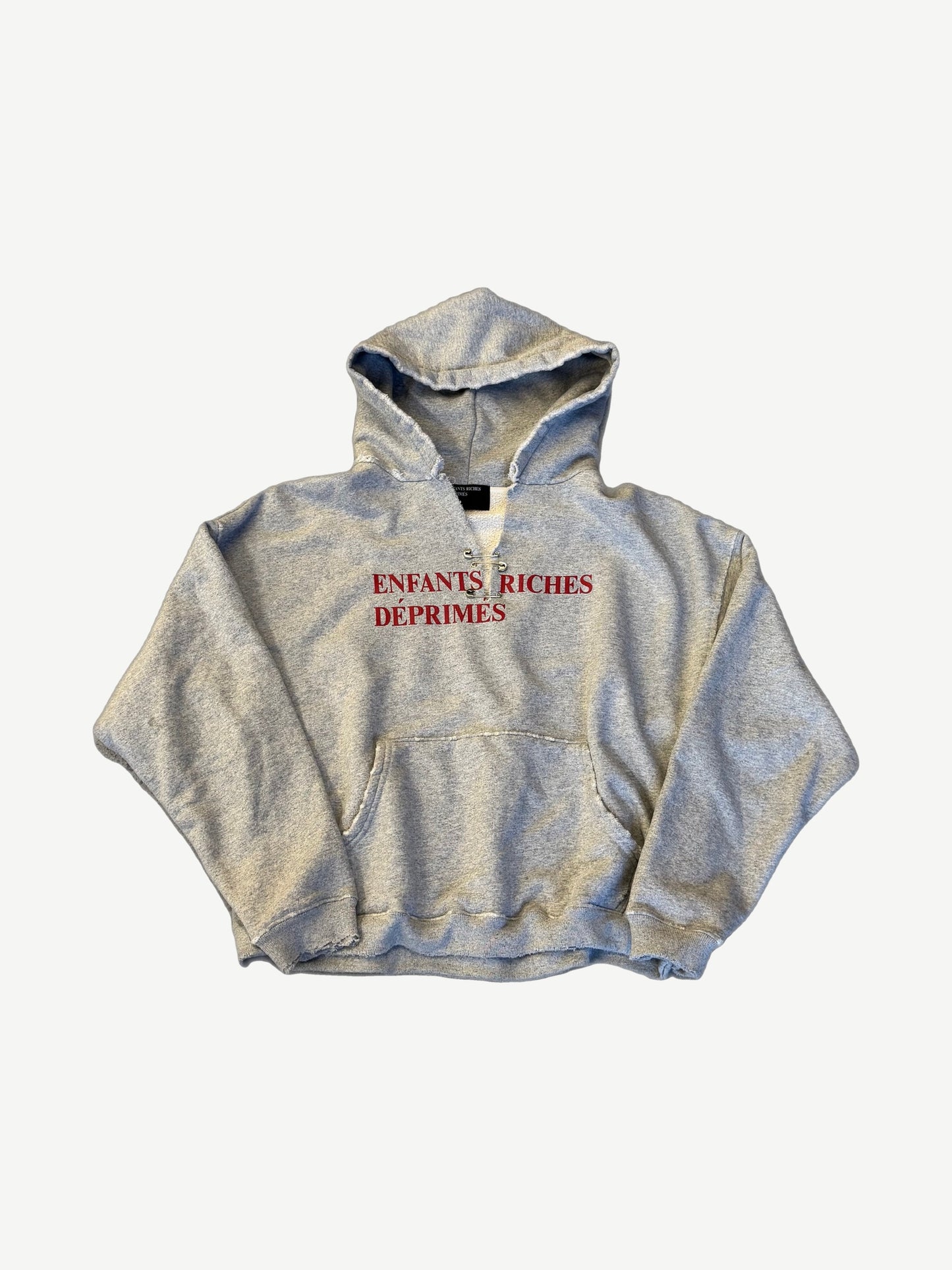 Enfants Riches Deprimes heather gray classic logo pin hoodie with red ERD text and neck pins.