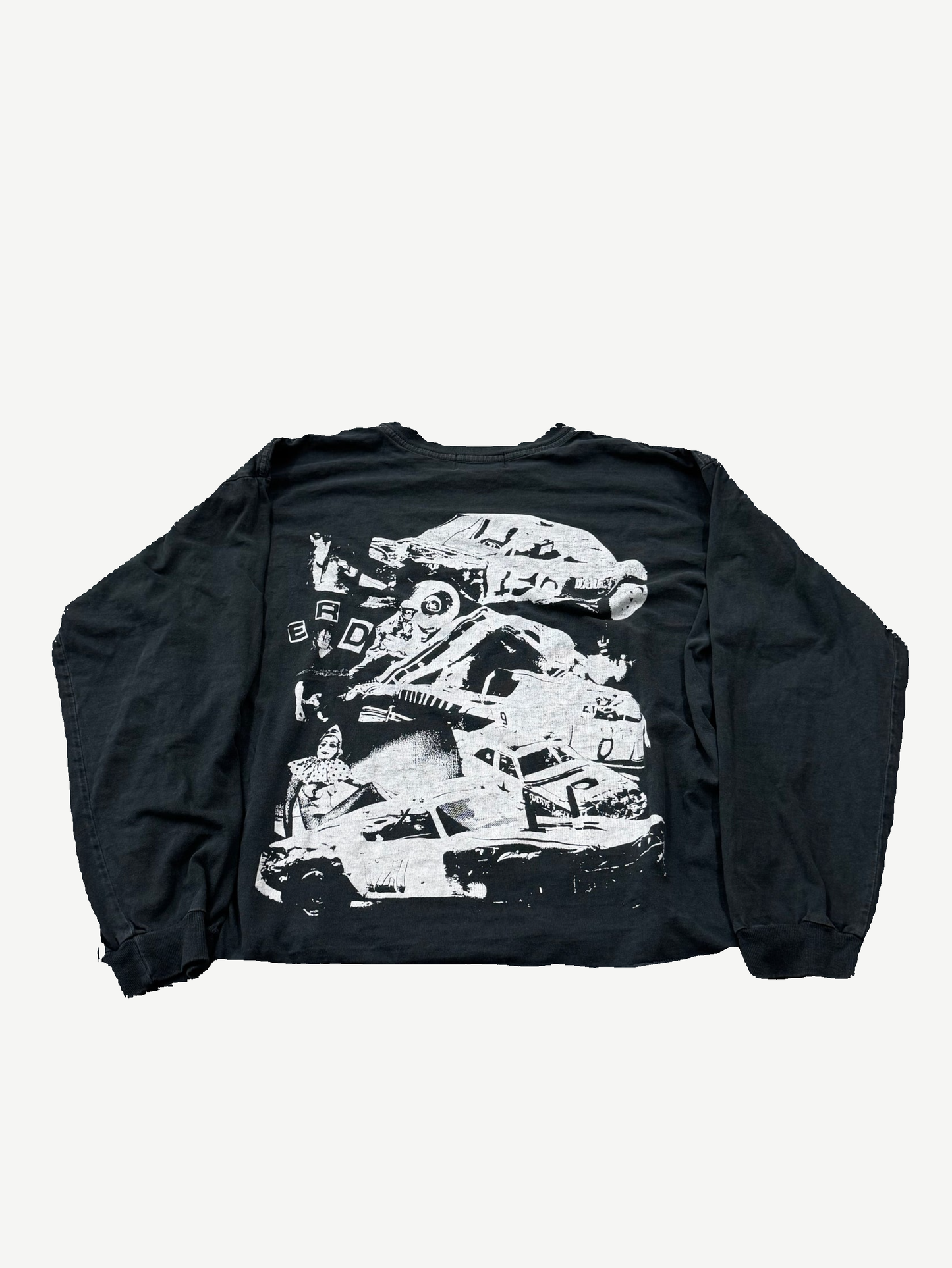 Enfants Riches Deprimes Demolition Derby longsleeve back view in faded black cotton with stacked crash car graphic