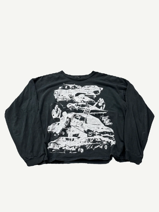 Enfants Riches Deprimes Demolition Derby black longsleeve with white screen-printed crashed cars collage on front