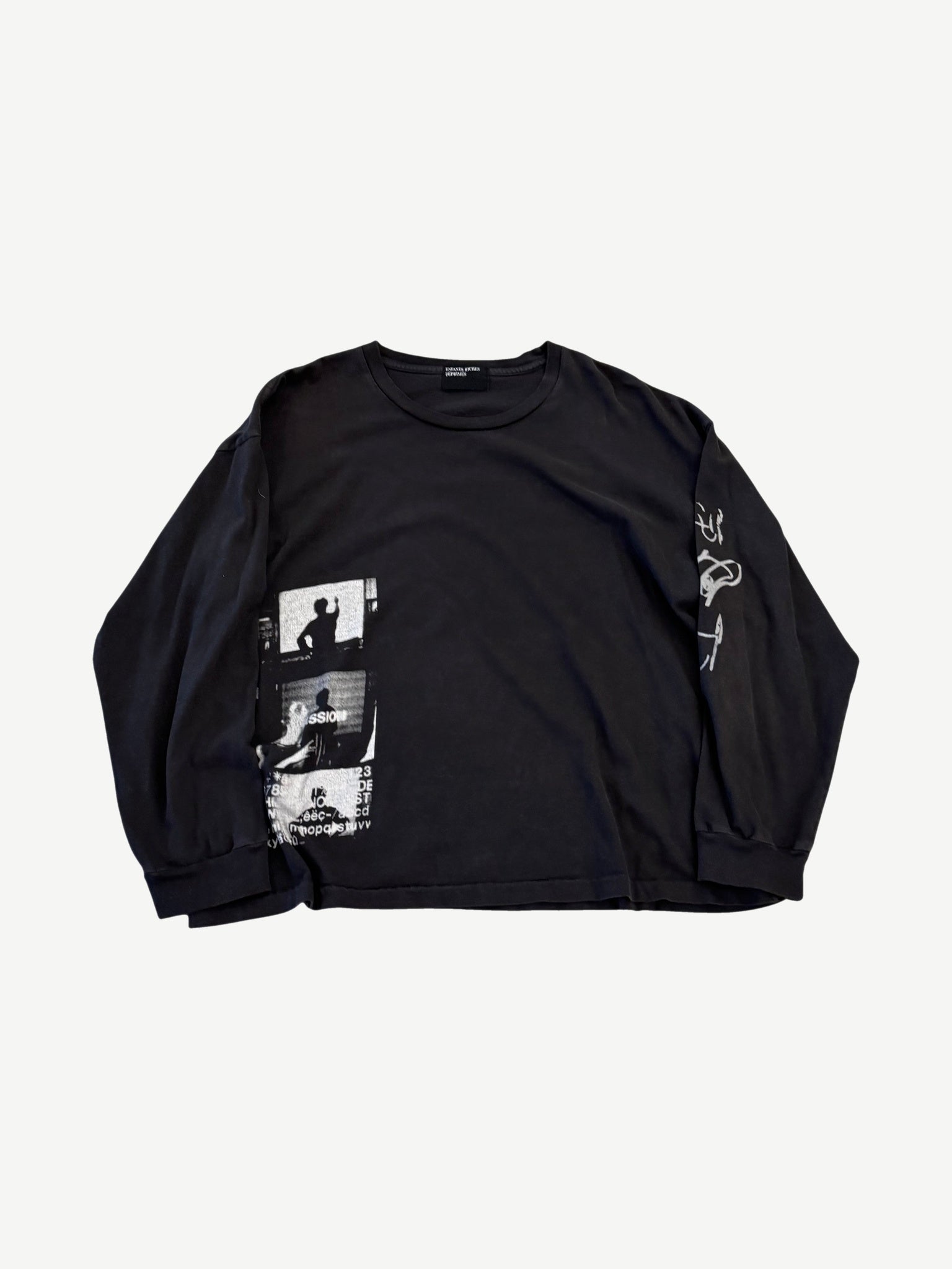 Enfants Riches Deprimes black longsleeve with photographic print panel and sleeve graphic, front view