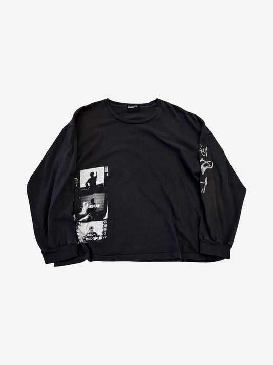 Enfants Riches Deprimes black longsleeve with photographic print panel and sleeve graphic, front view