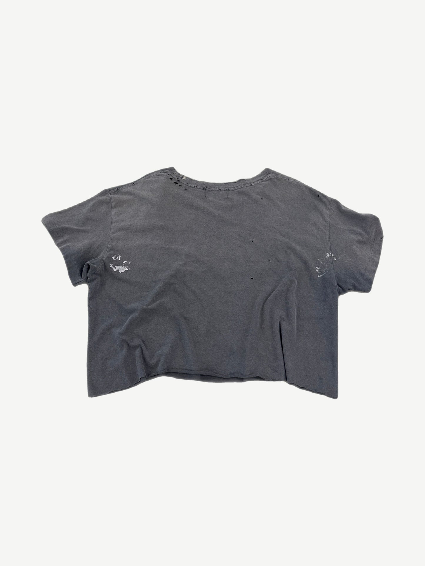 Enfants Riches Deprimes gray cropped tee back view with raw distressed cropped hem and paint marks