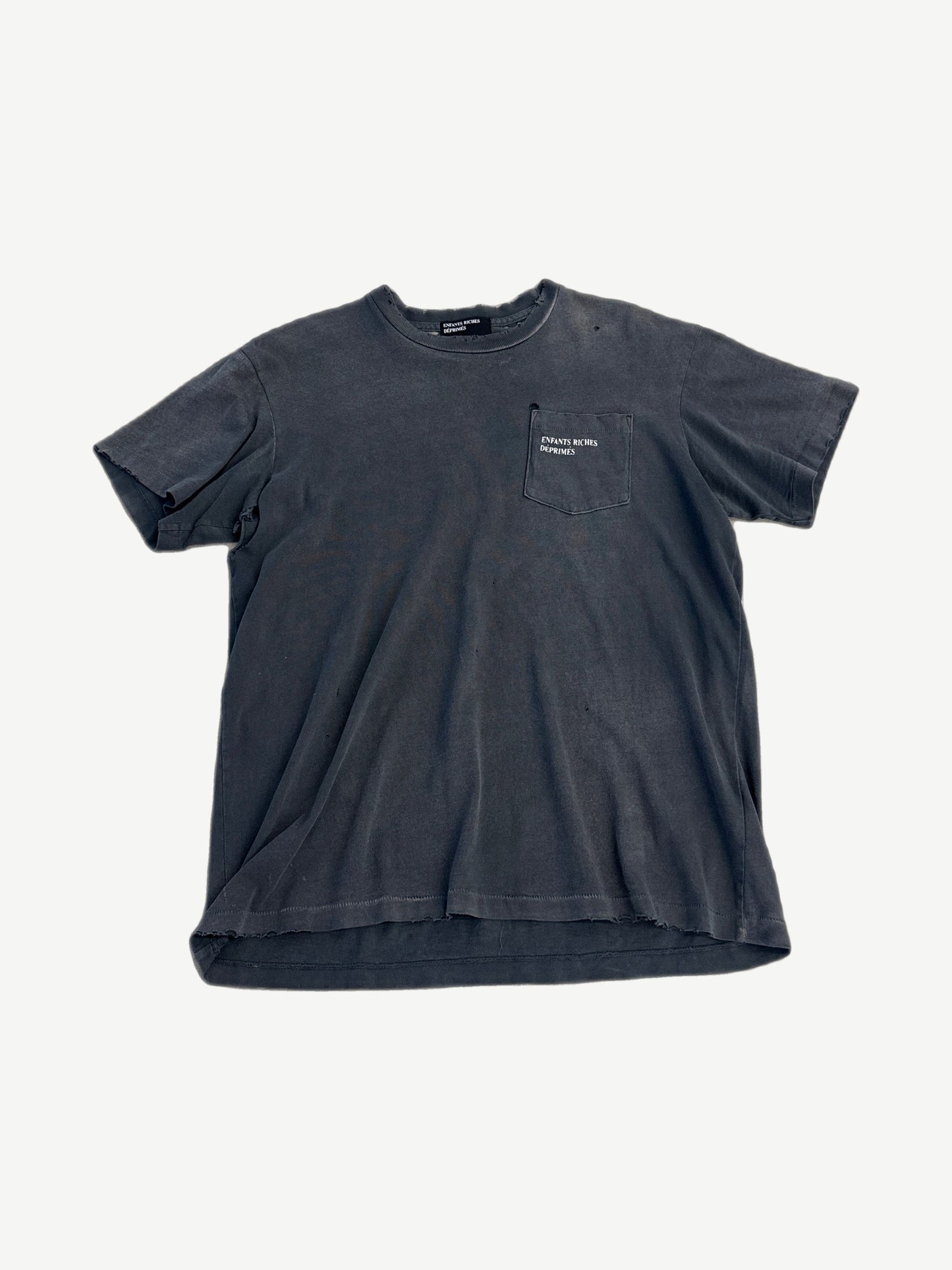 Enfants Riches Deprimes faded gray distressed tee with white ERD chest pocket logo print