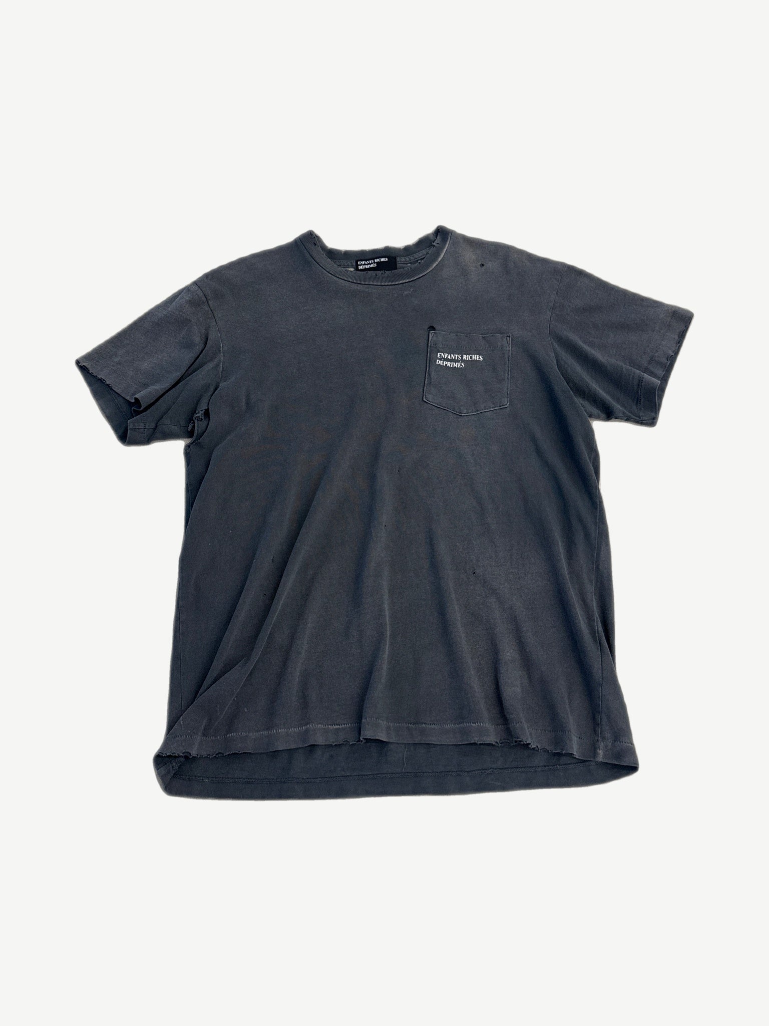 Enfants Riches Deprimes faded gray distressed tee with white ERD chest pocket logo print