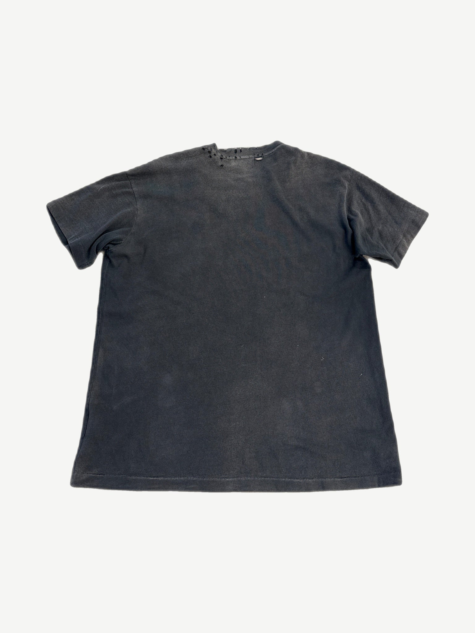 Enfants Riches Deprimes distressed gray pocket logo tee back, shredded collar and faded body
