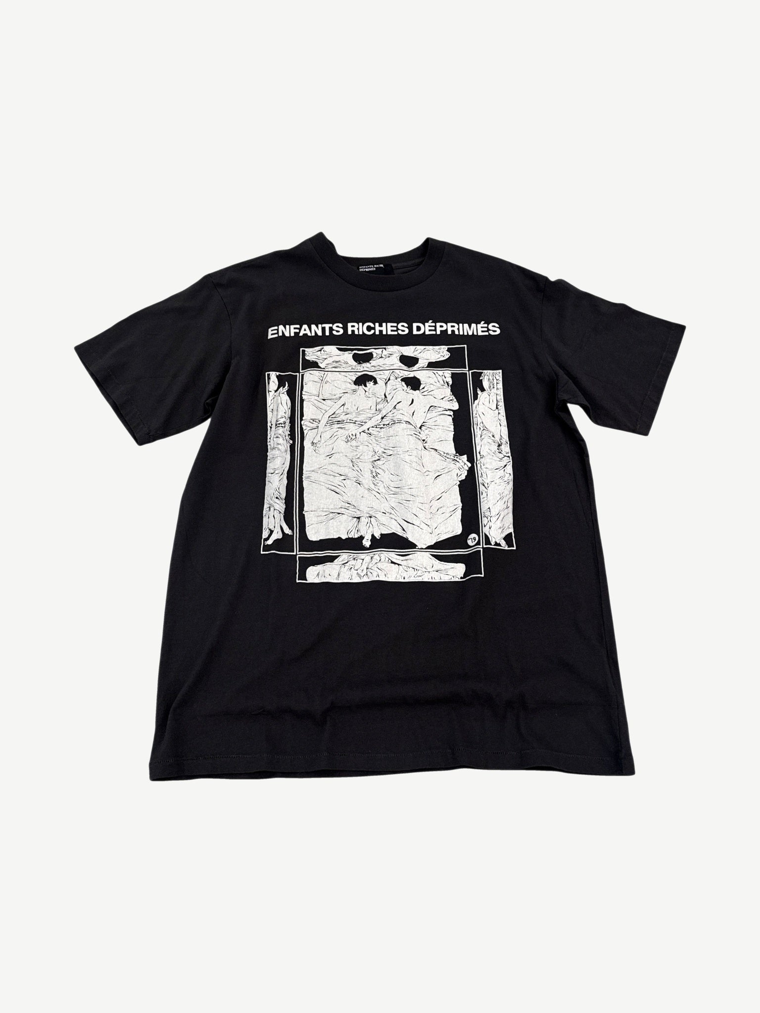 Enfants Riches Deprimes gray Italian Romance tee with retro Italian script and graphic print on chest.