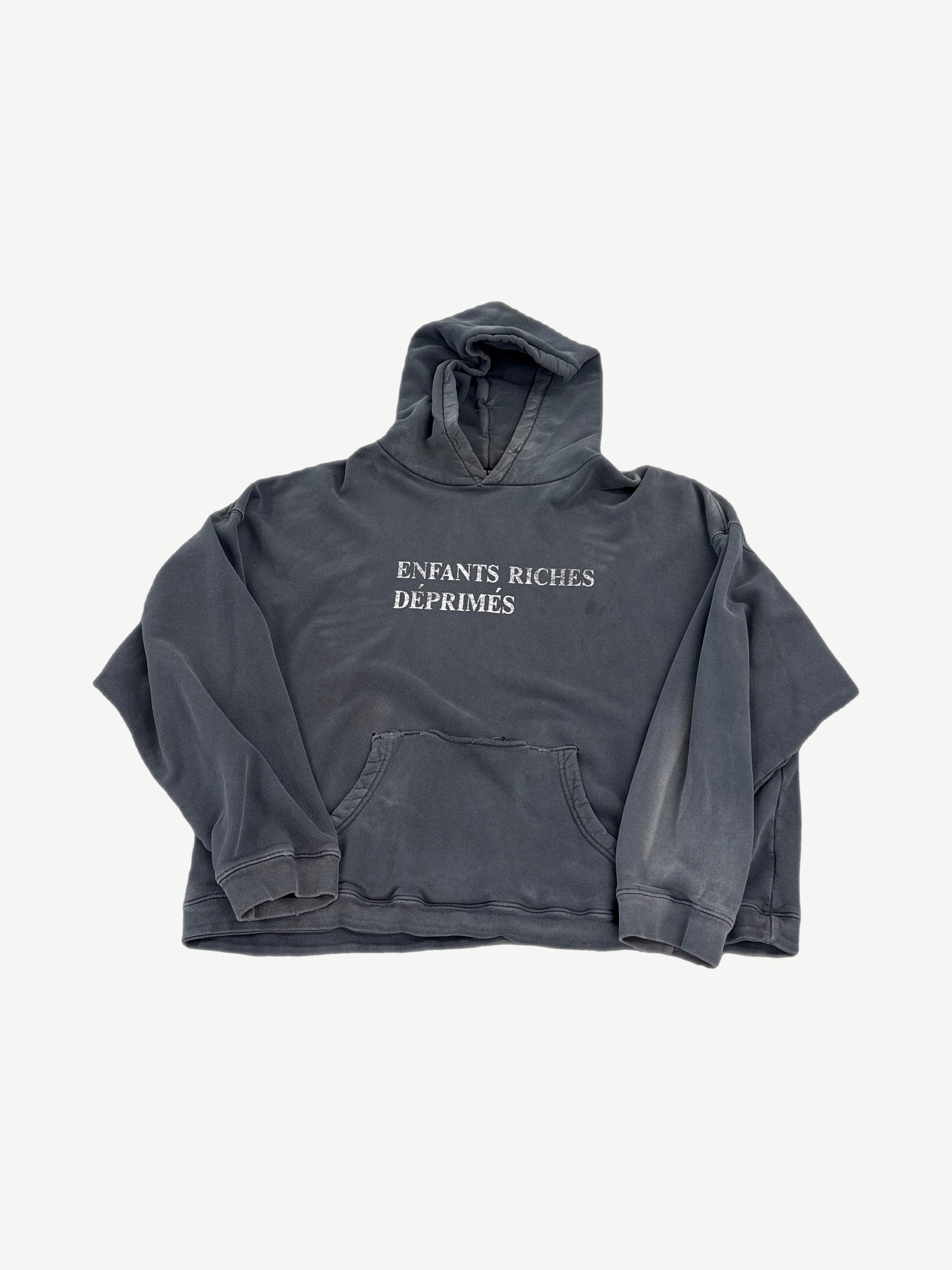 Enfants Riches Deprimes gray hoodie with black ERD logo print across chest and matching drawstring hood.