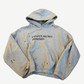 Enfants Riches Deprimes heather gray distressed pullover hoodie with navy chest logo and torn hem.