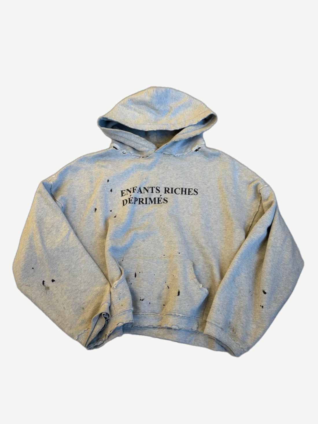 Enfants Riches Deprimes heather gray distressed pullover hoodie with navy chest logo and torn hem.