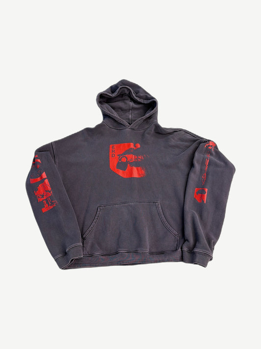 Enfants Riches Deprimes black lips hoodie front, hand-drawn red lips graphic on heavyweight fleece