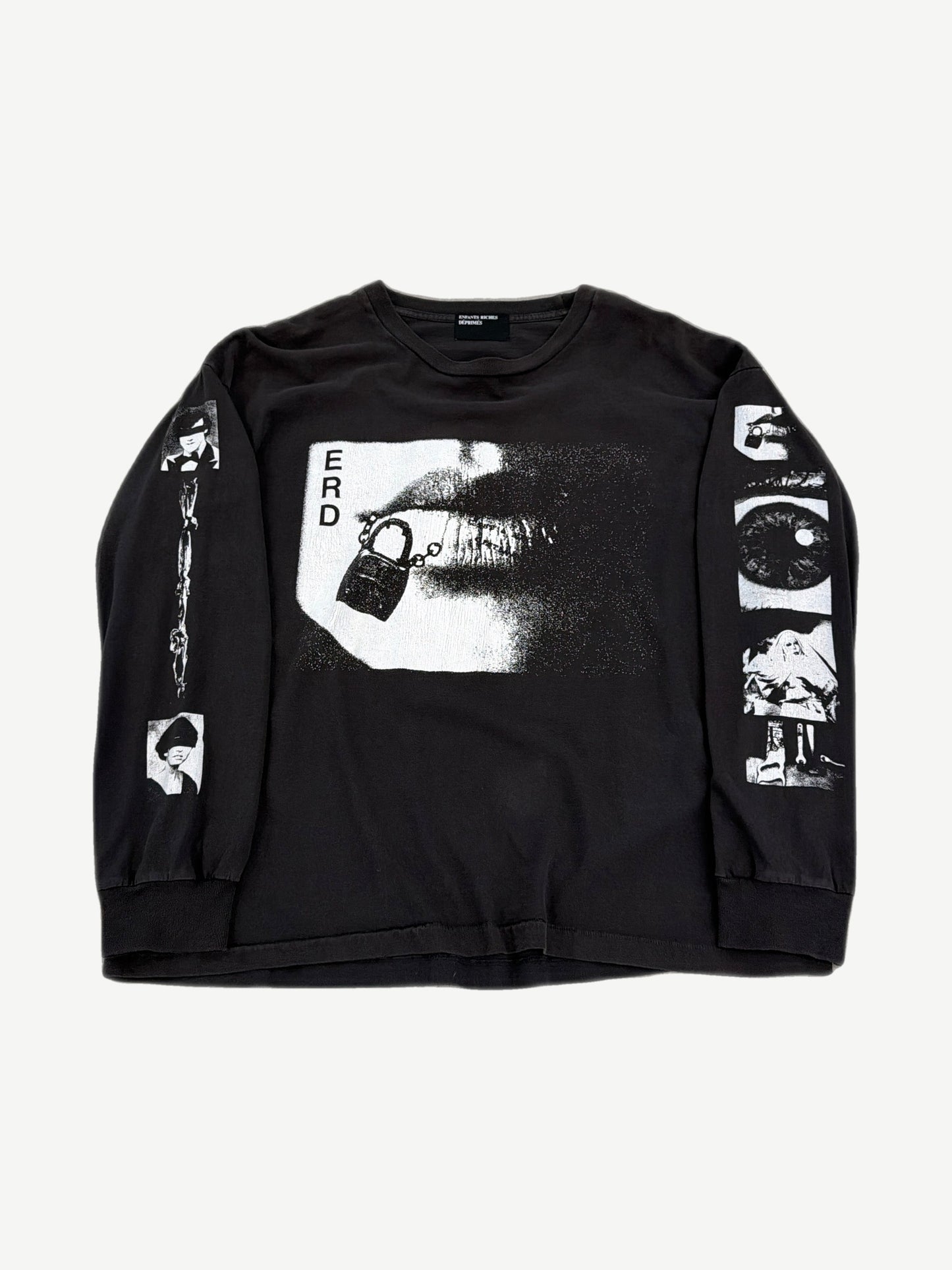 Enfants Riches Deprimes white cotton longsleeve with red lips graphic and hand-scrawled black text across chest.