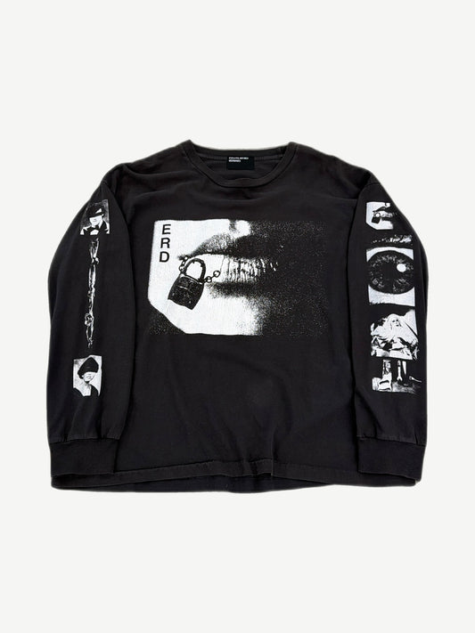 Enfants Riches Deprimes white cotton longsleeve with red lips graphic and hand-scrawled black text across chest.