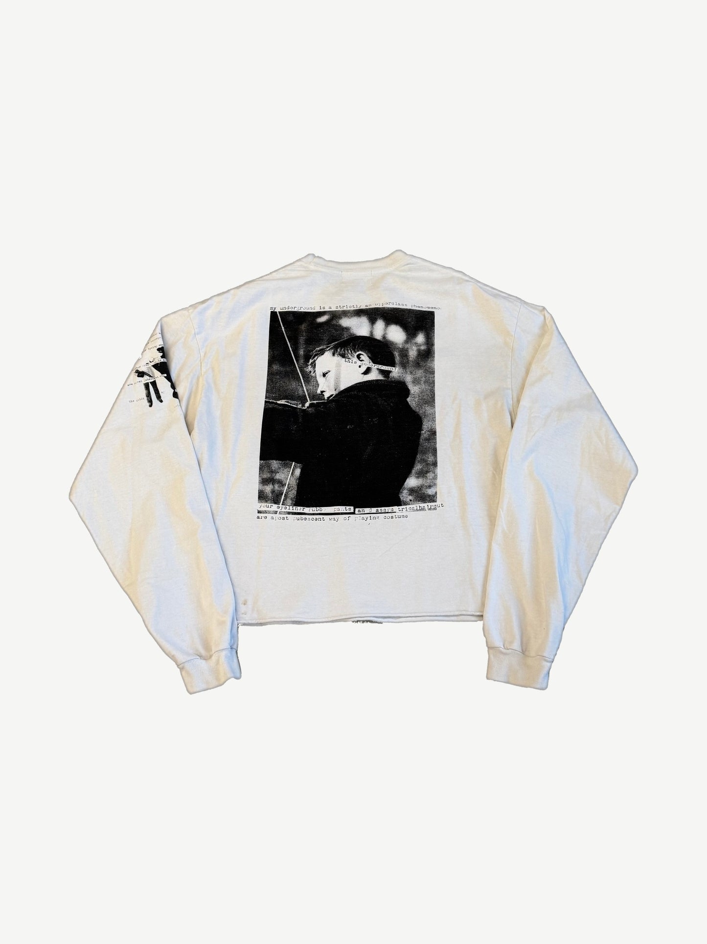 ERD off-white longsleeve back with black-and-white archer child photo and My Underground typewriter manifesto print.