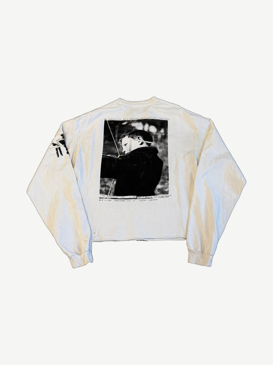 ERD off-white longsleeve back with black-and-white archer child photo and My Underground typewriter manifesto print.