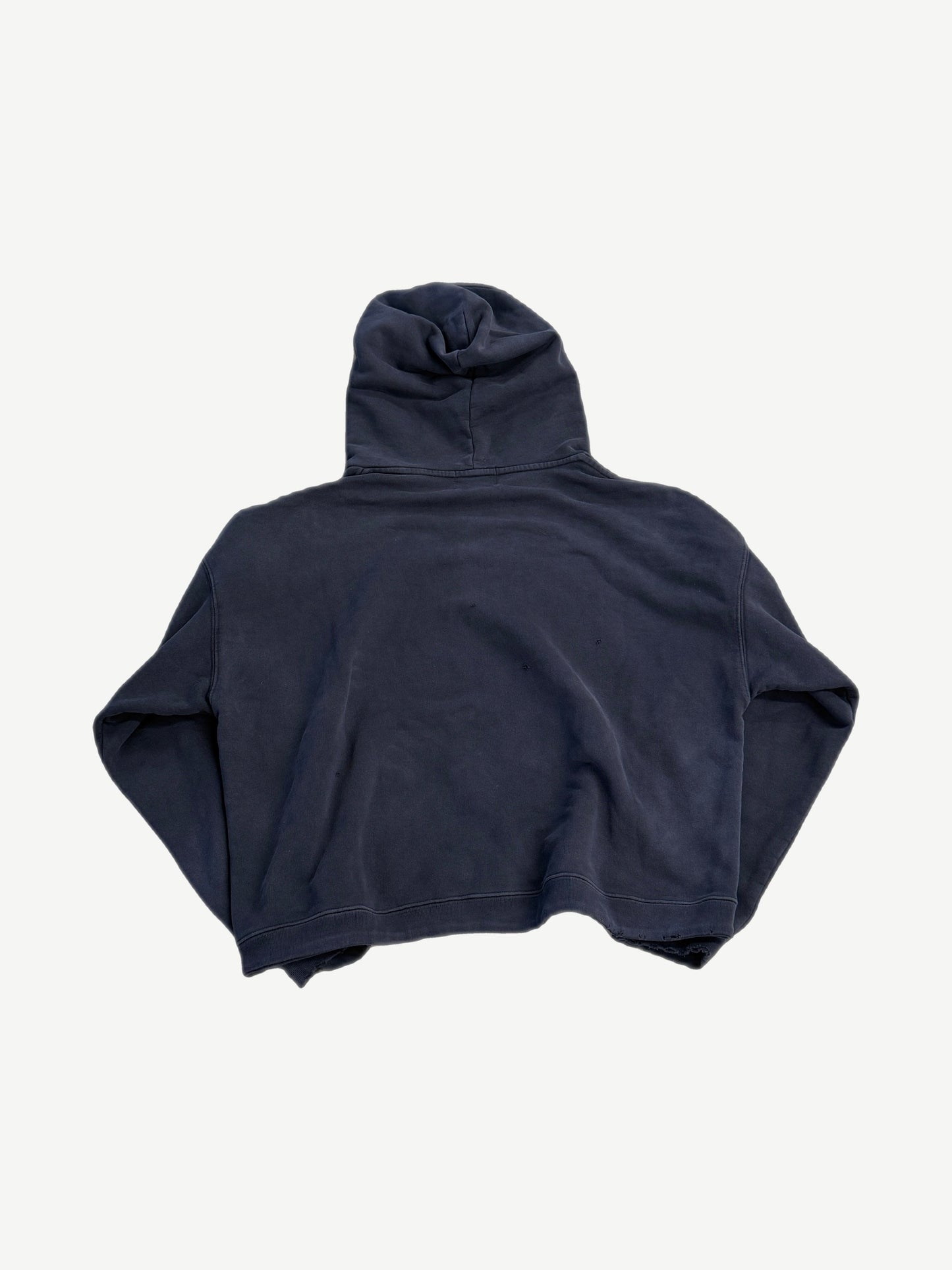 Enfants Riches Deprimes navy distressed hoodie back, plain washed navy fleece with subtle pinhole damage