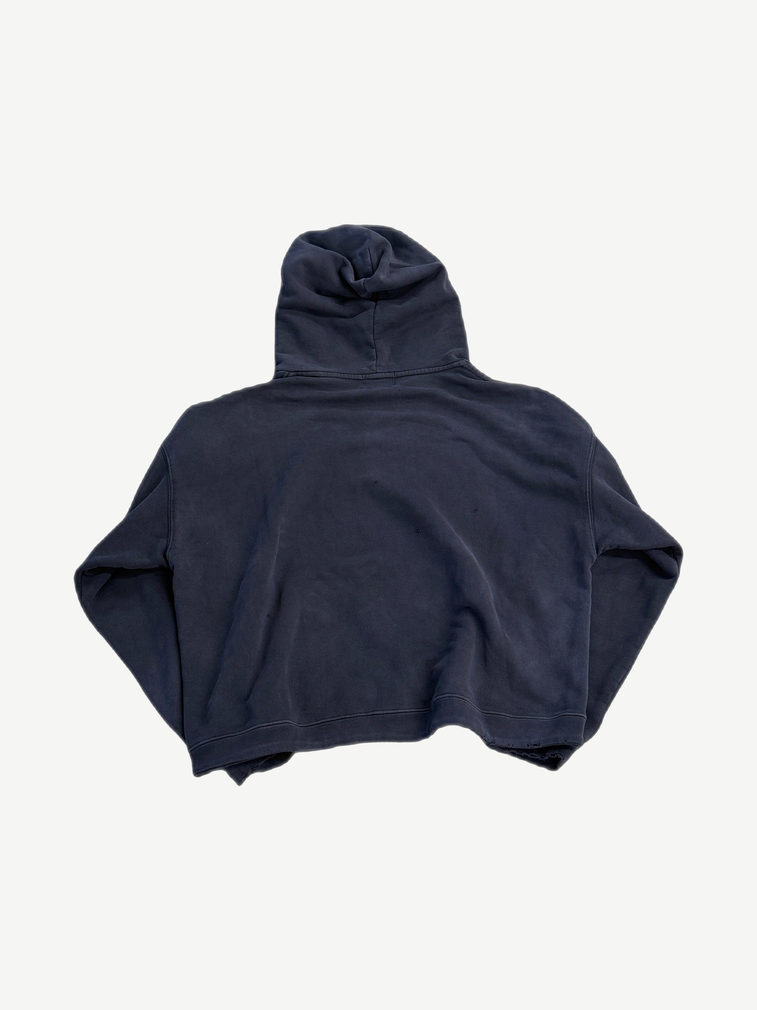 Enfants Riches Deprimes navy distressed hoodie back, plain washed navy fleece with subtle pinhole damage