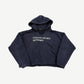 Enfants Riches Deprimes navy distressed hoodie front with white serif logo print and pinhole damage detail