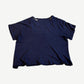 ERD navy distressed logo tee back, plain heavily distressed navy cotton with shredded holes and worn hem.