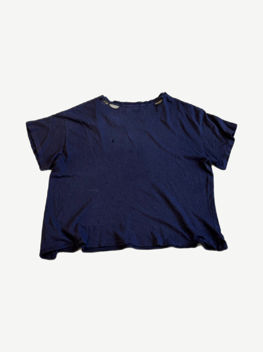 ERD navy distressed logo tee back, plain heavily distressed navy cotton with shredded holes and worn hem.