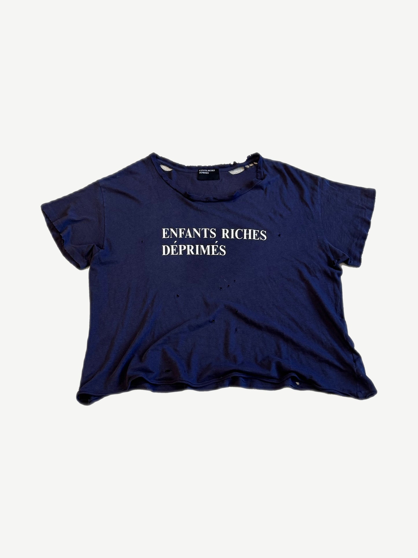 Enfants Riches Deprimes navy distressed tee with white ENFANTS RICHES DEPRIMES Roman caps logo on chest.