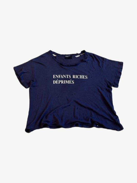 Enfants Riches Deprimes navy distressed tee with white ENFANTS RICHES DEPRIMES Roman caps logo on chest.