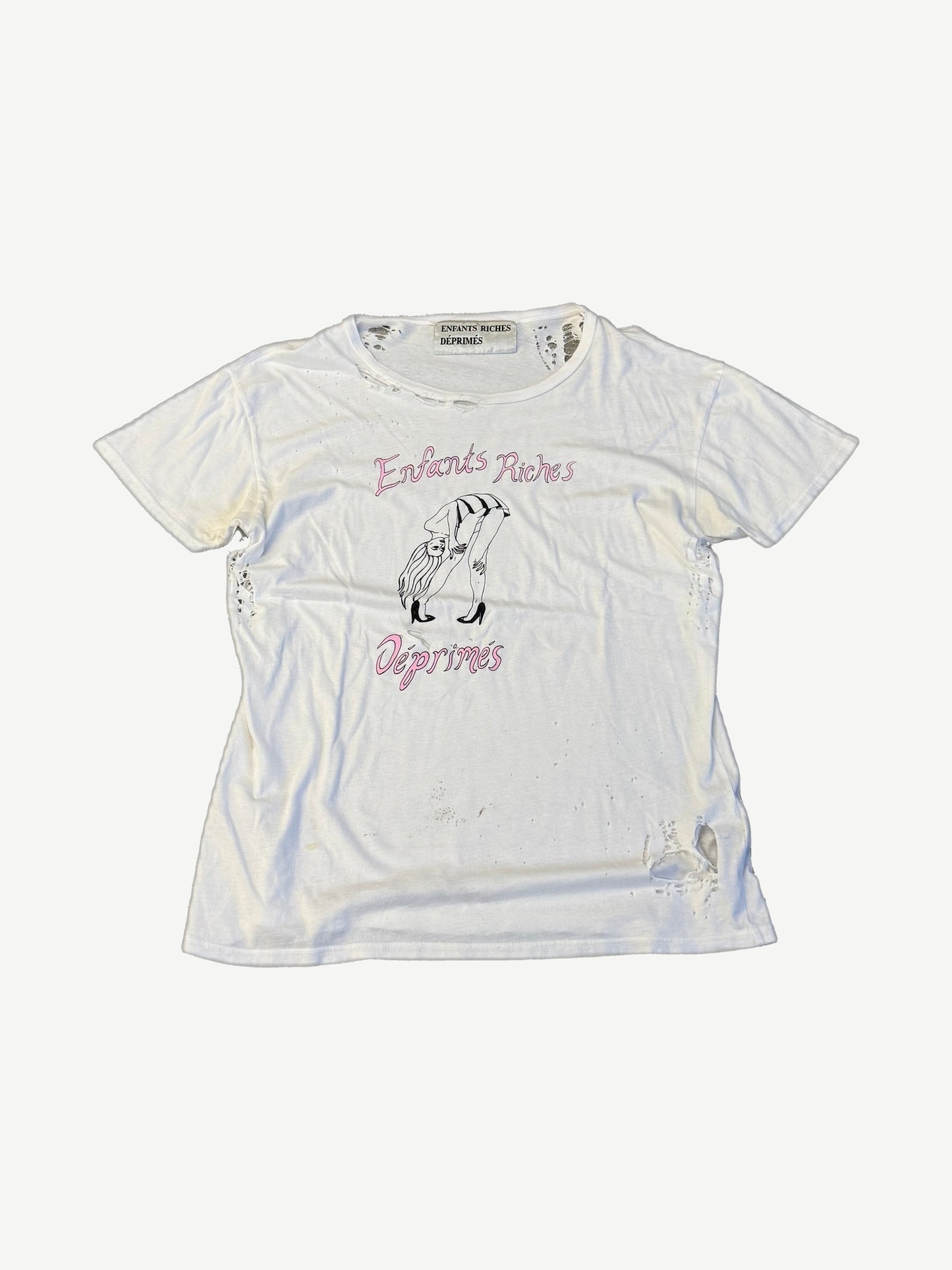 Enfants Riches Deprimes New York Dolls tee in distressed white with pink script and pinup illustration.