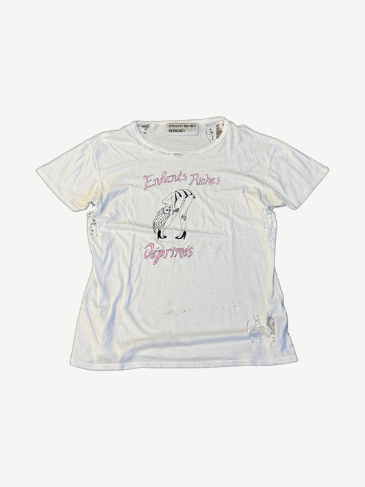Enfants Riches Deprimes New York Dolls tee in distressed white with pink script and pinup illustration.