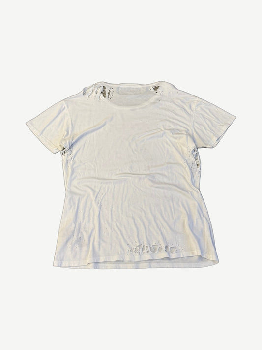 Enfants Riches Deprimes tee back view in heavily distressed white cotton with shoulder and hem holes.